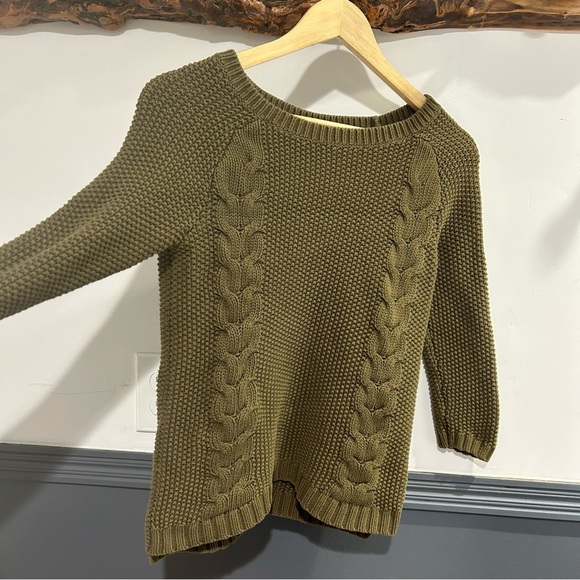 3/4 Sleeve Olive Green Cable Knit Sweater - Picture 3 of 9